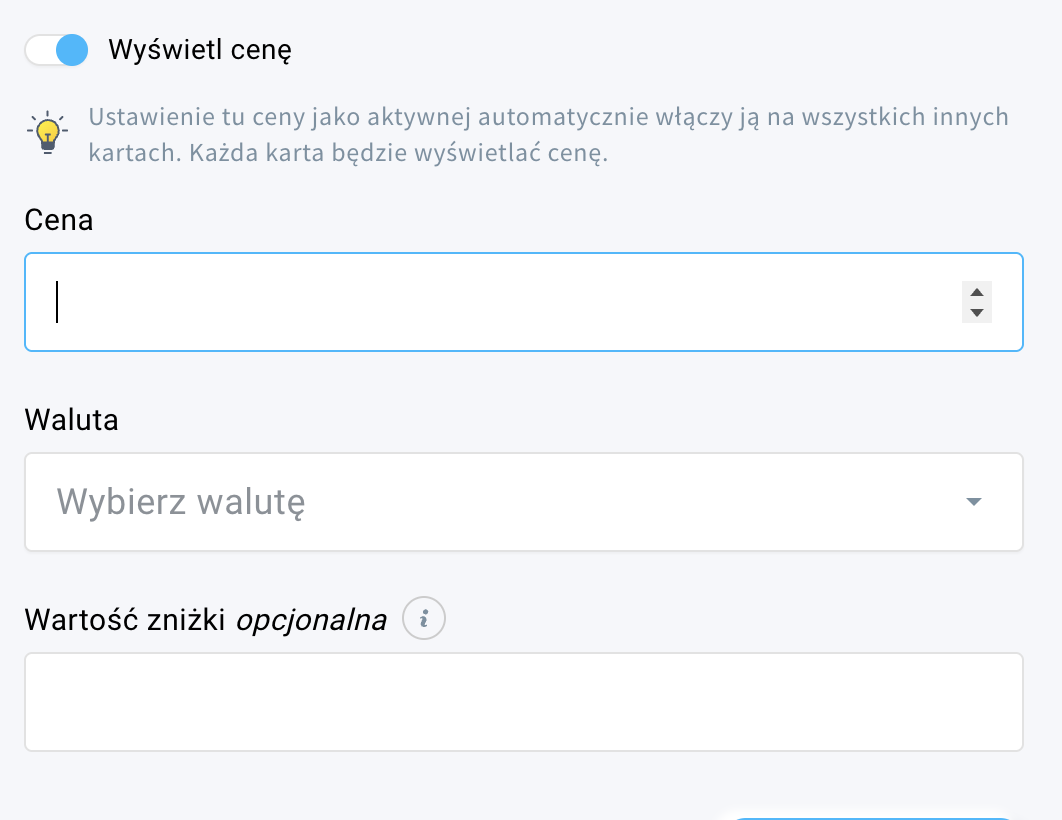Ustawienia widoczne po włączeniu ceny