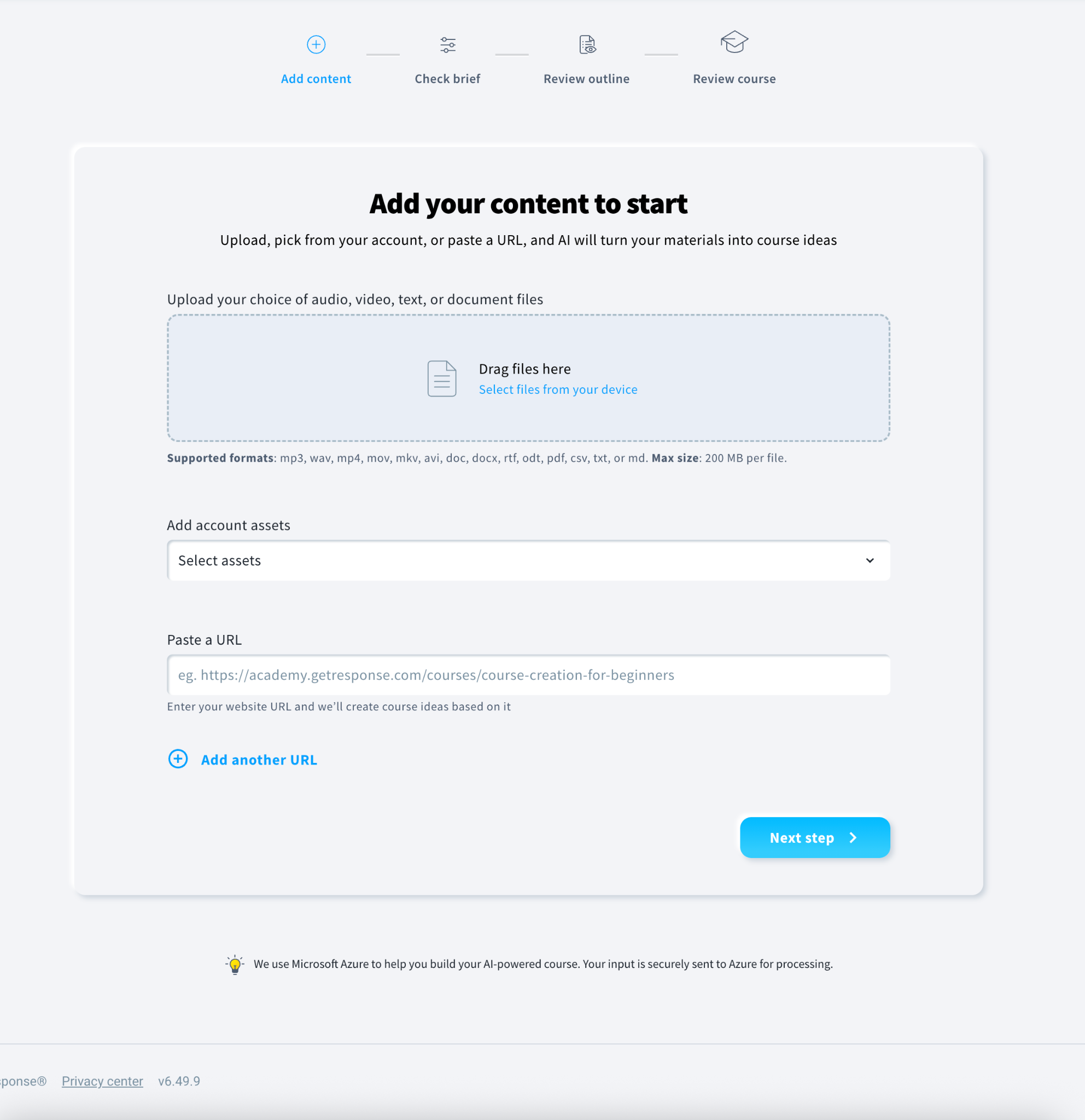 Overview of the Add Content section in the AI Course Wizard