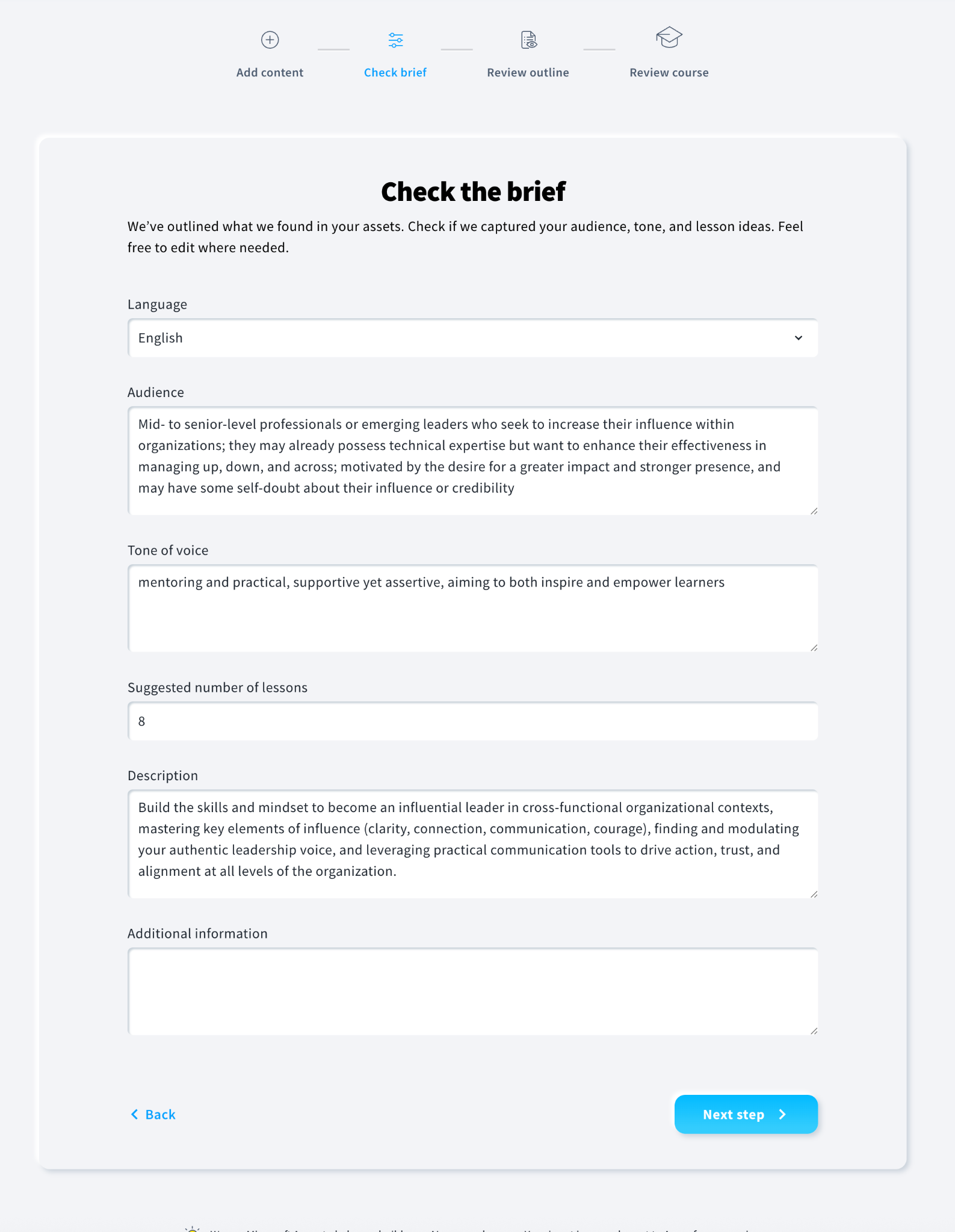 Overview of the Check Brief section in the AI Course Wizard