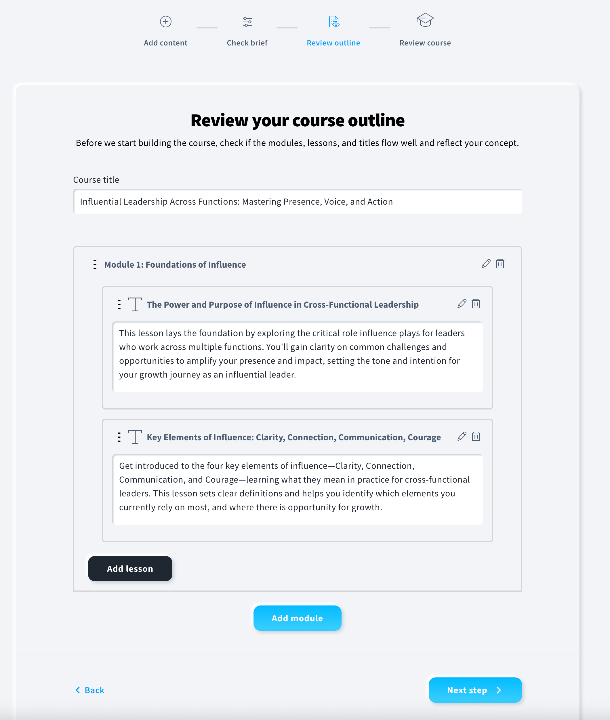 Overview of the Review outline section in the AI Course Wizard