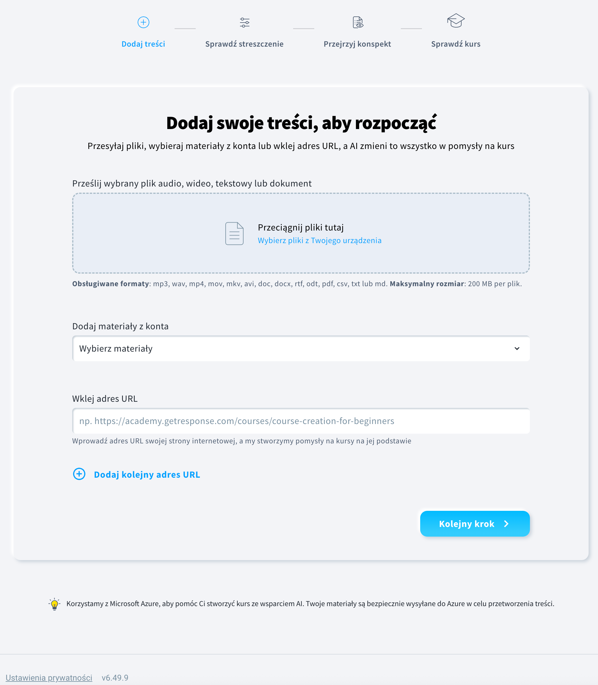 Sekcja Dodaj treści w Kreatorze Kursów AI