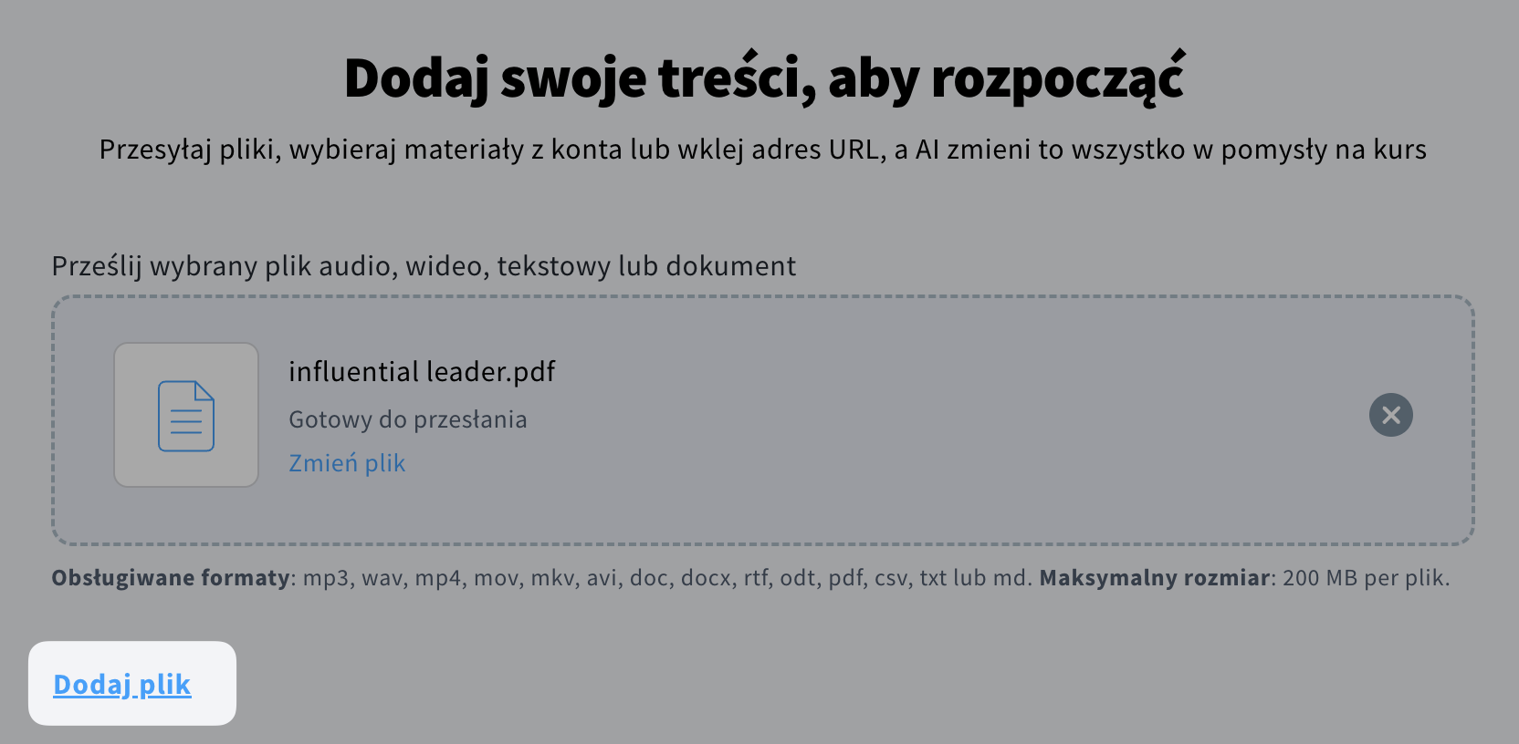 Przycisk Dodaj plik służący do dodawania kolejnych plików w kreatorze kursów ai