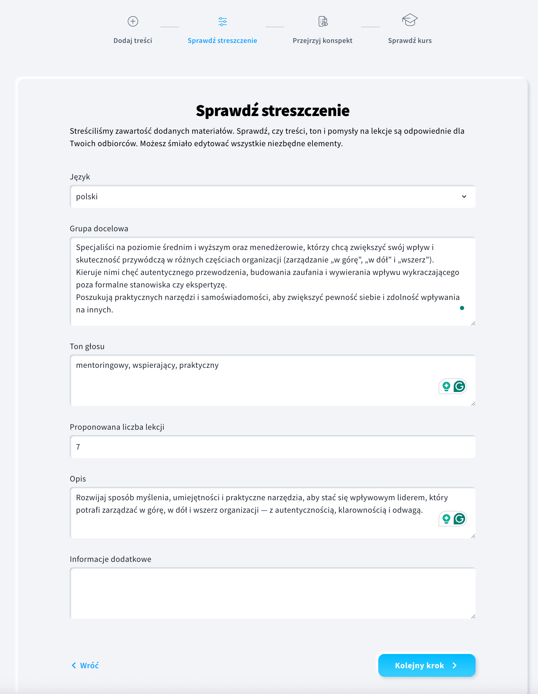 Podgląd sekcji Sprawdź streszczenie w Kreatorze kursów ai