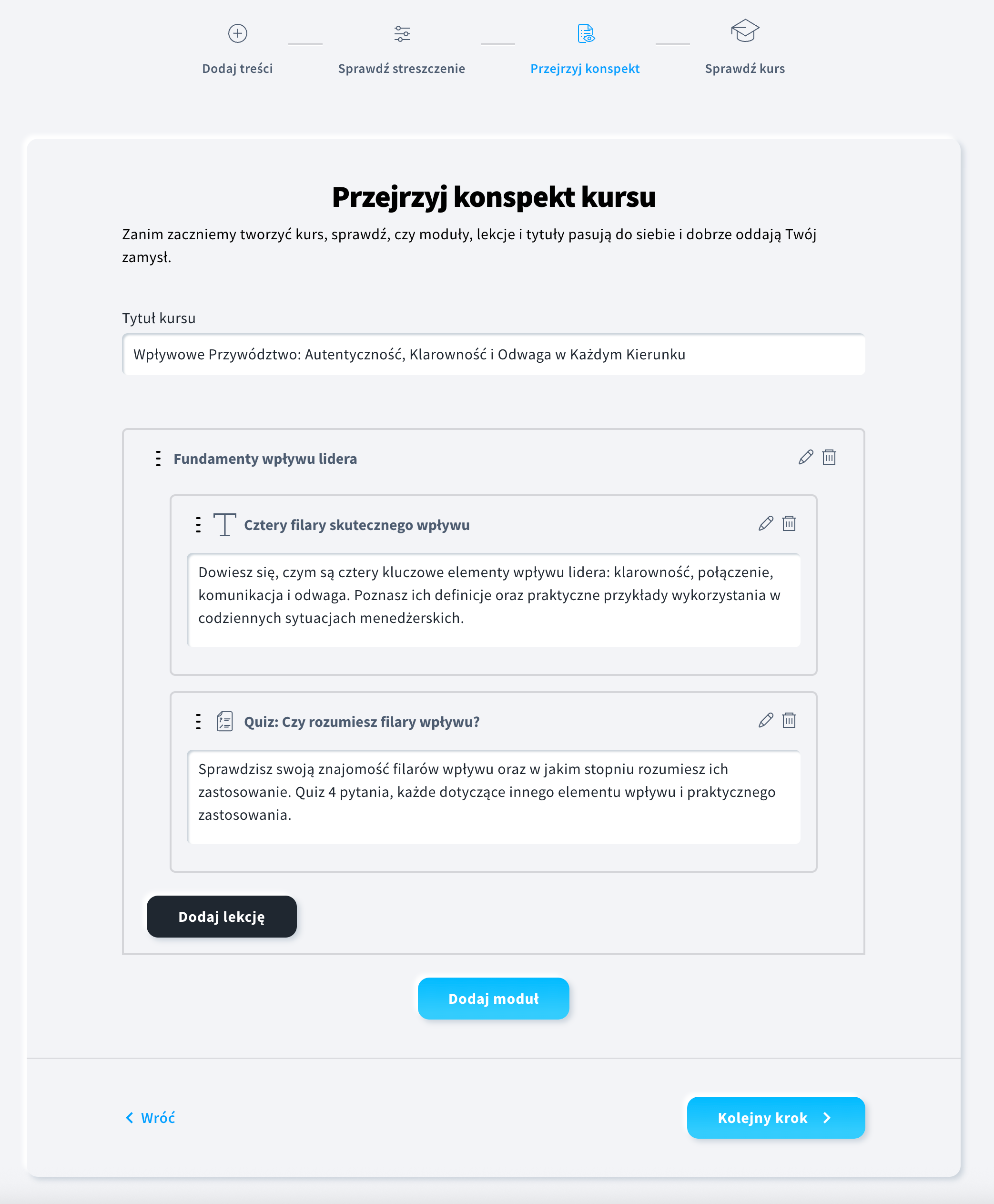 Sekcja Przejrzyj konspekt w Kreatorze kursów AI