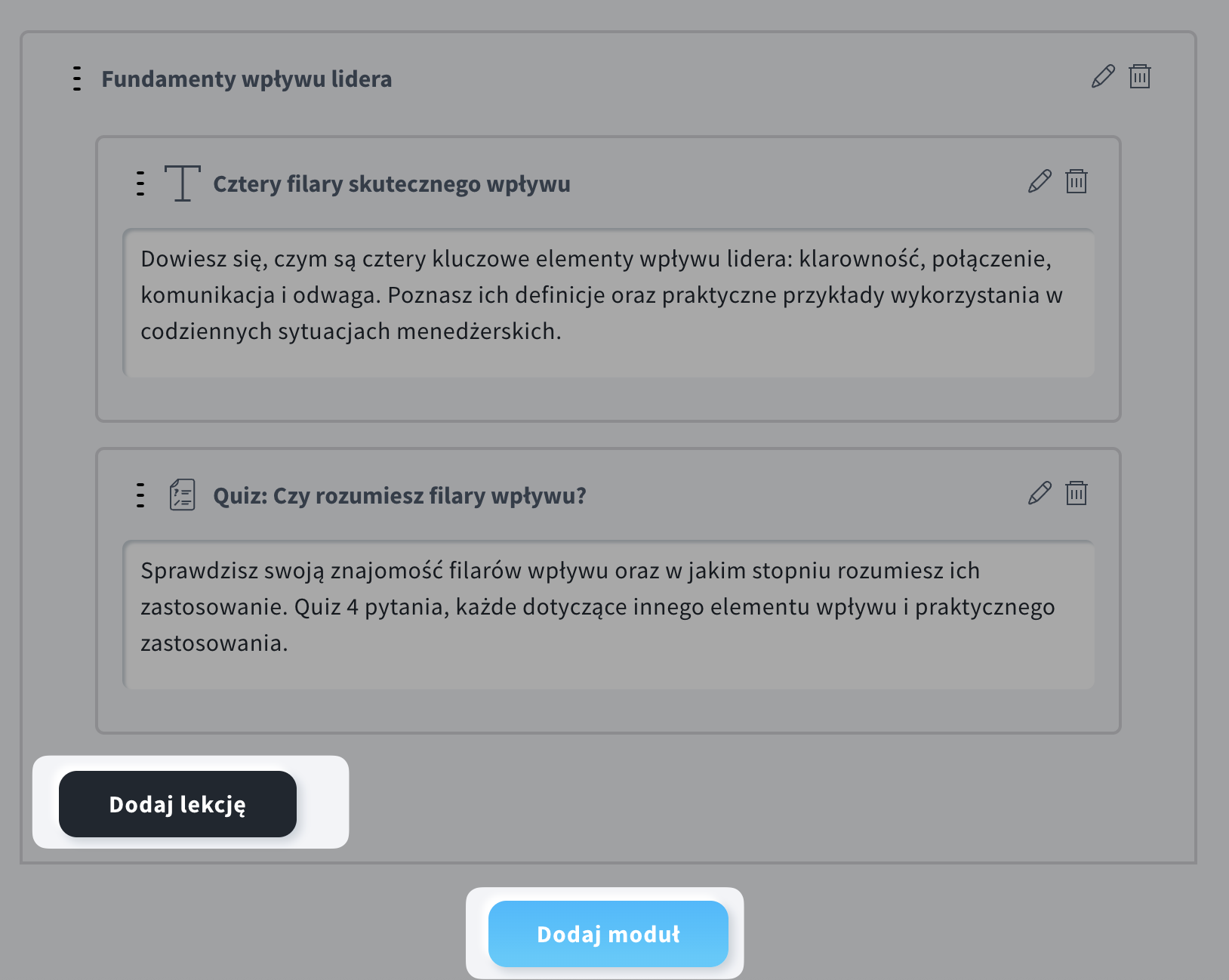 Przyciski Dodaj lekcję i Dodaj moduł