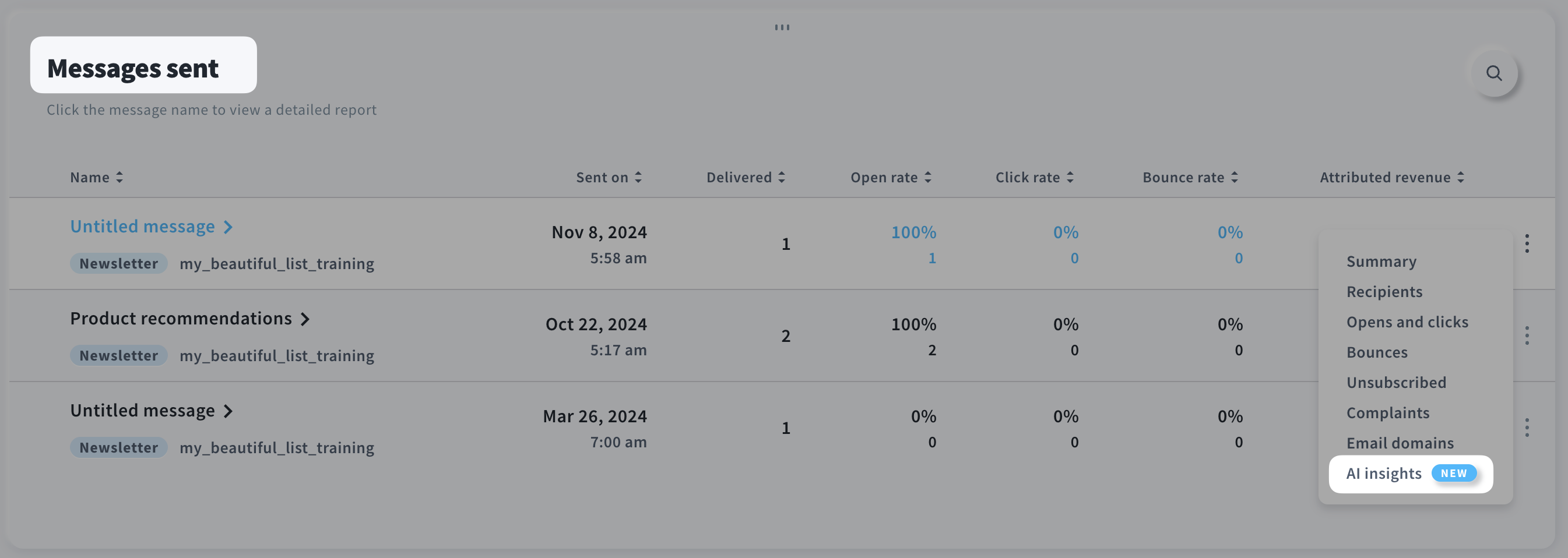 AI Insights option in the Messages sent section of the Reports tab