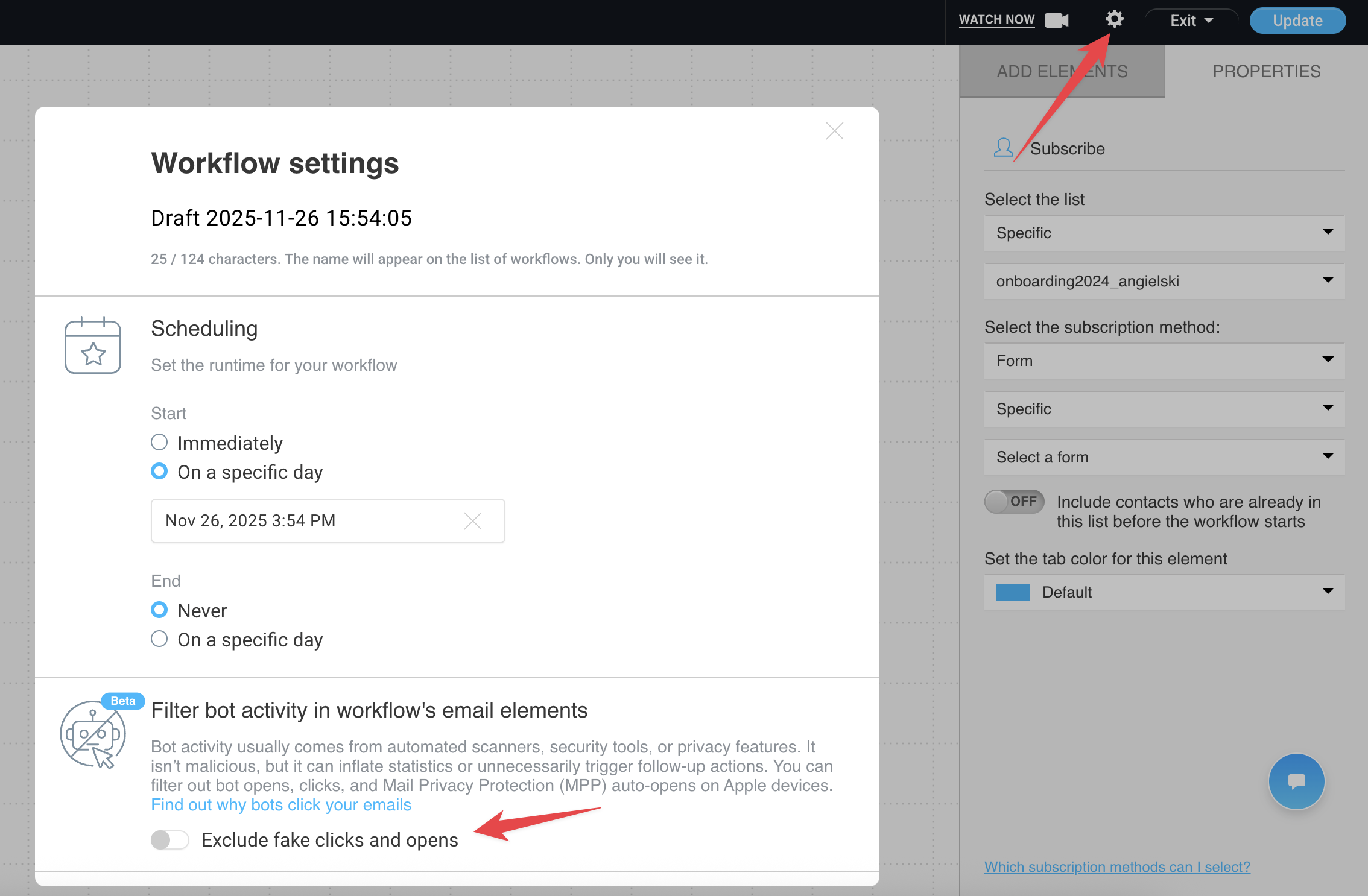 Exclude fake clicks and opens option in workflow settings