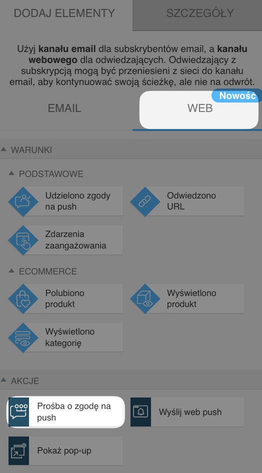 sekcja automatyzacji kanału Web z zaznaczoną akcją „Prośba o zgodę na push” w obszarze podstawowych akcji Web.
