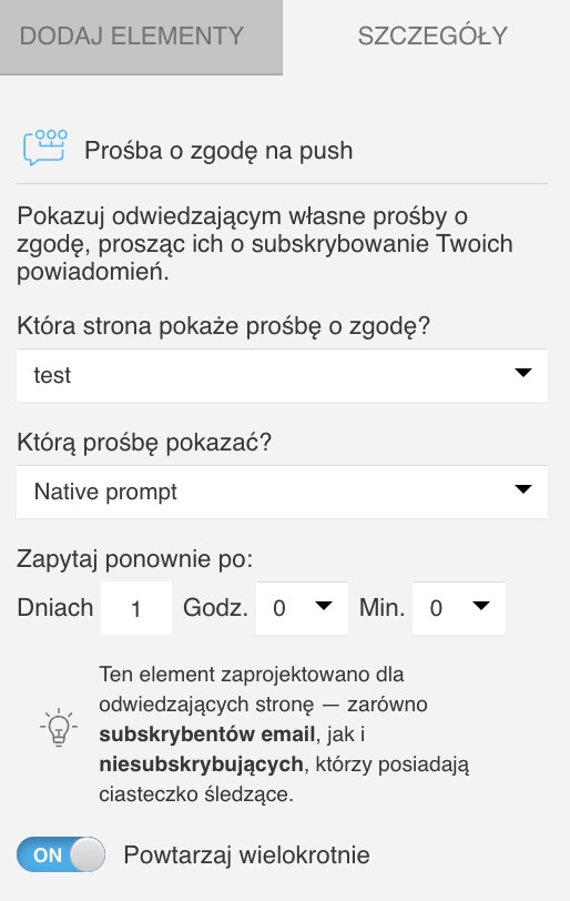 ustawienia akcji „Prośba o zgodę na push”.