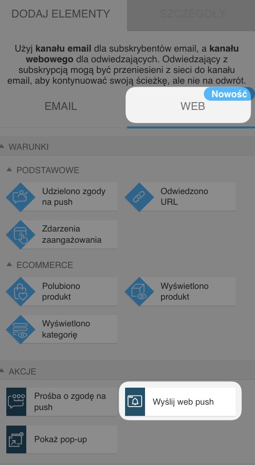 Sekcja automation w kanale Web z wybraną akcją Wyślij web push wśród podstawowych akcji web.