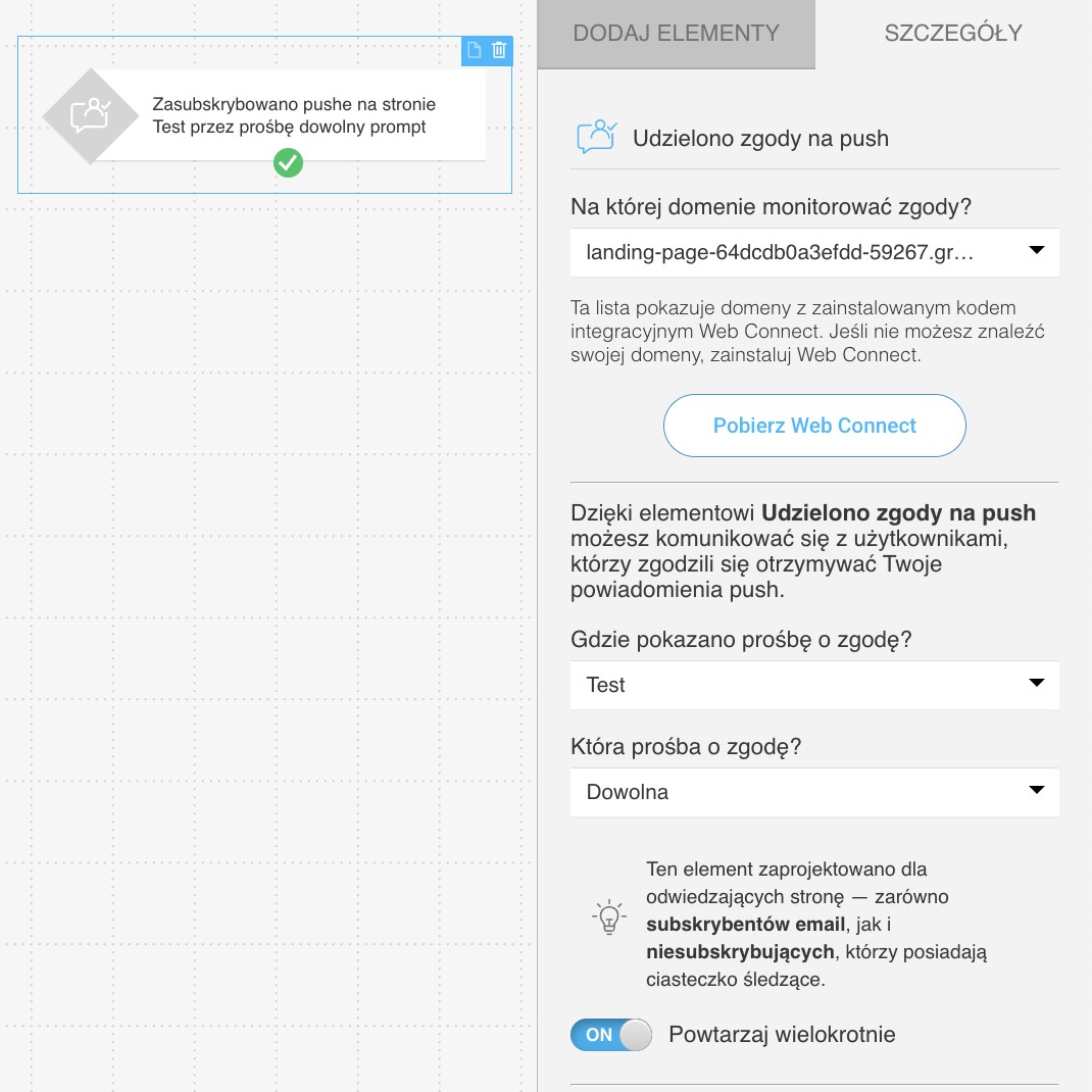 Ustawienia warunku Udzielono zgody na push.