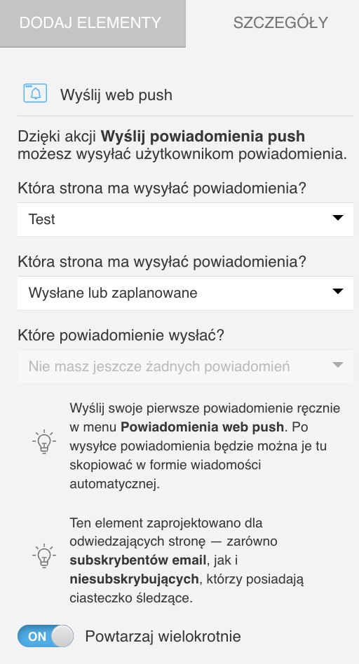 Właściwości akcji Wyślij web push.