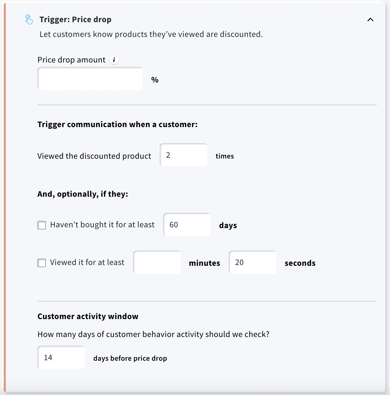 price drop trigger settings
