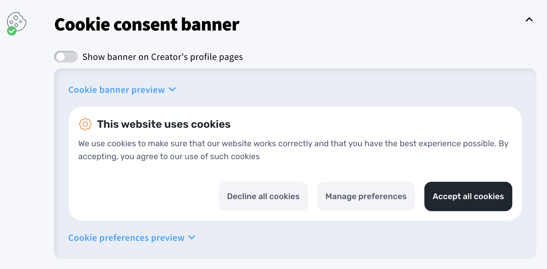 cookie consent banner in creator's profile settings