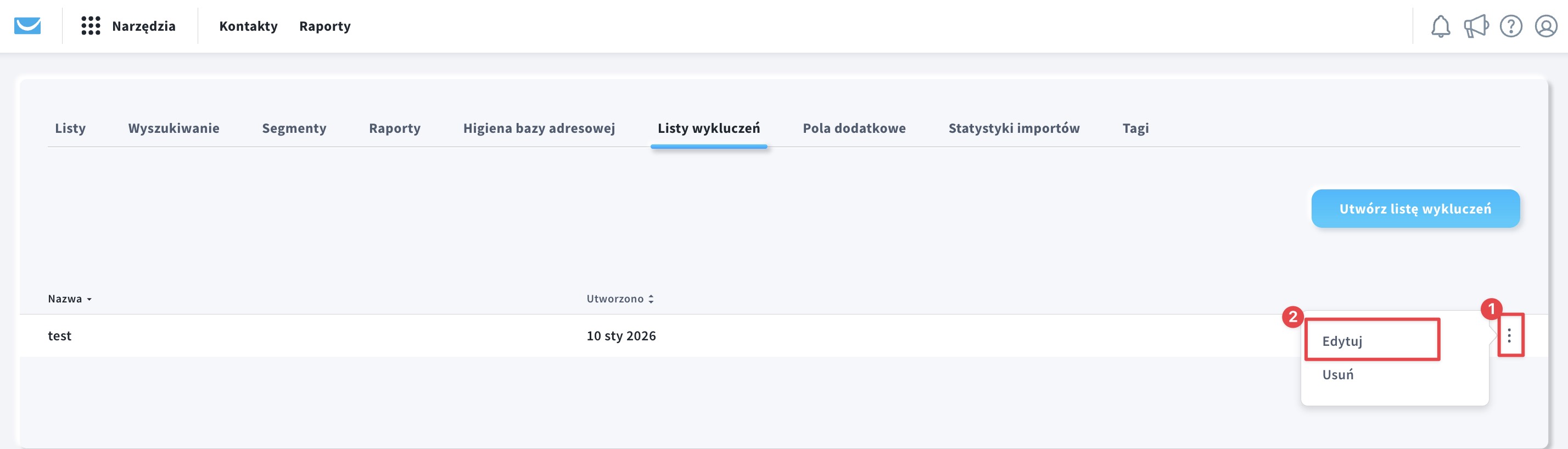 Zdjęcie pokazuje, jak edytować listę wykluczeń.