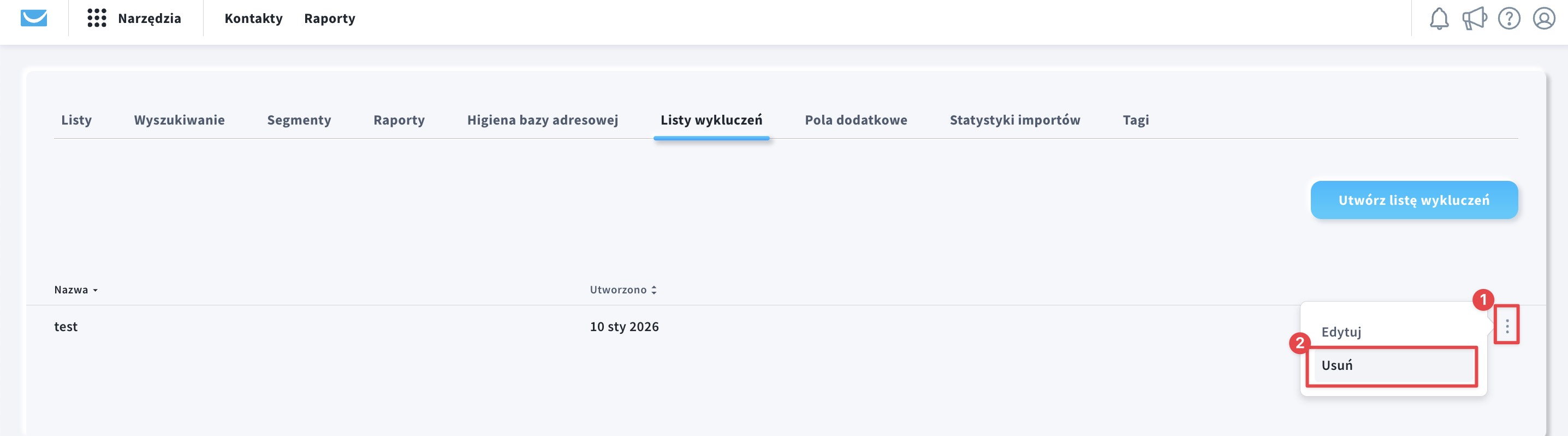 Zdjęcie pokazuje, jak usunąć listę wykluczeń.