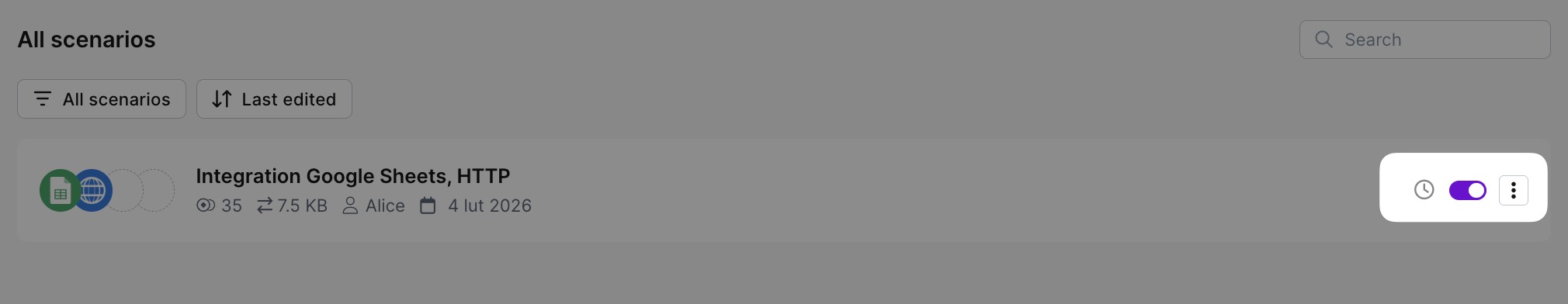 Toggle to enable a new scenario in make.com