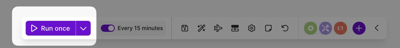 Run Once option in make.com allowing you to run a test of your scenario.