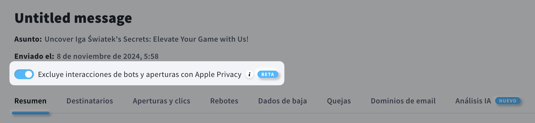 Imagen que muestra un informe de mensaje con detección de bots activada