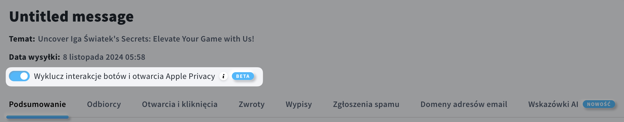 obrazek pokazujący raport wiadomości z włączonym wykrywaniem botów