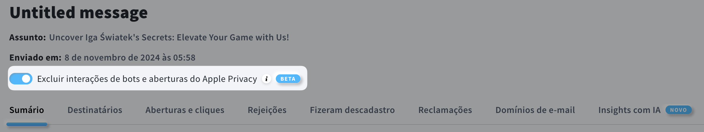 Imagem mostrando um relatório de mensagem com detecção de bots ativada