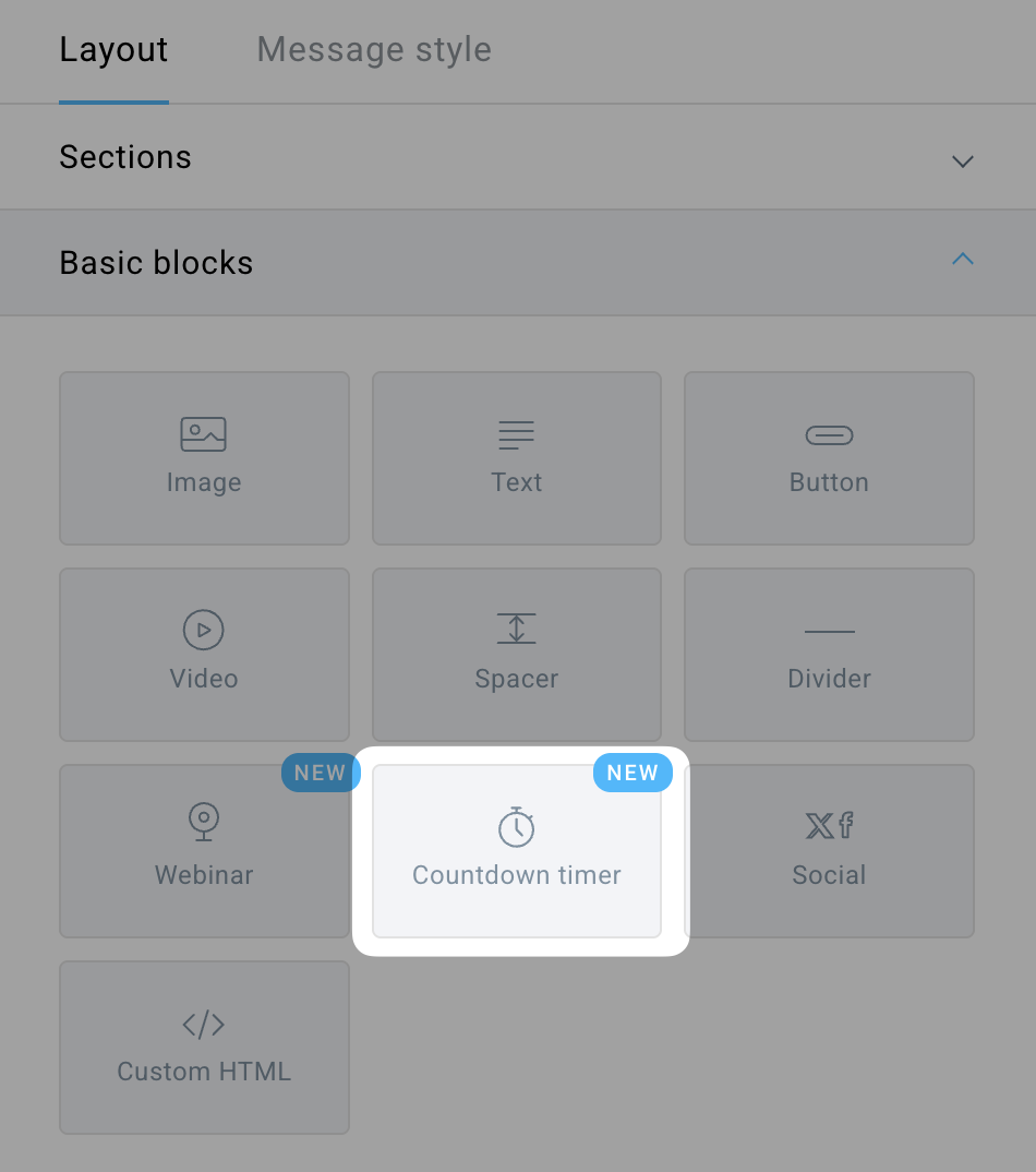 highlighted countdown timer block in the message editor