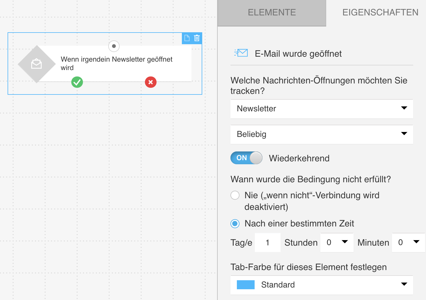 Element ‚Nachricht geöffnet‘ und seine Einstellungen, die zeigen, wie man den negativen Pfad konfiguriert, wenn die Bedingung nicht erfüllt ist