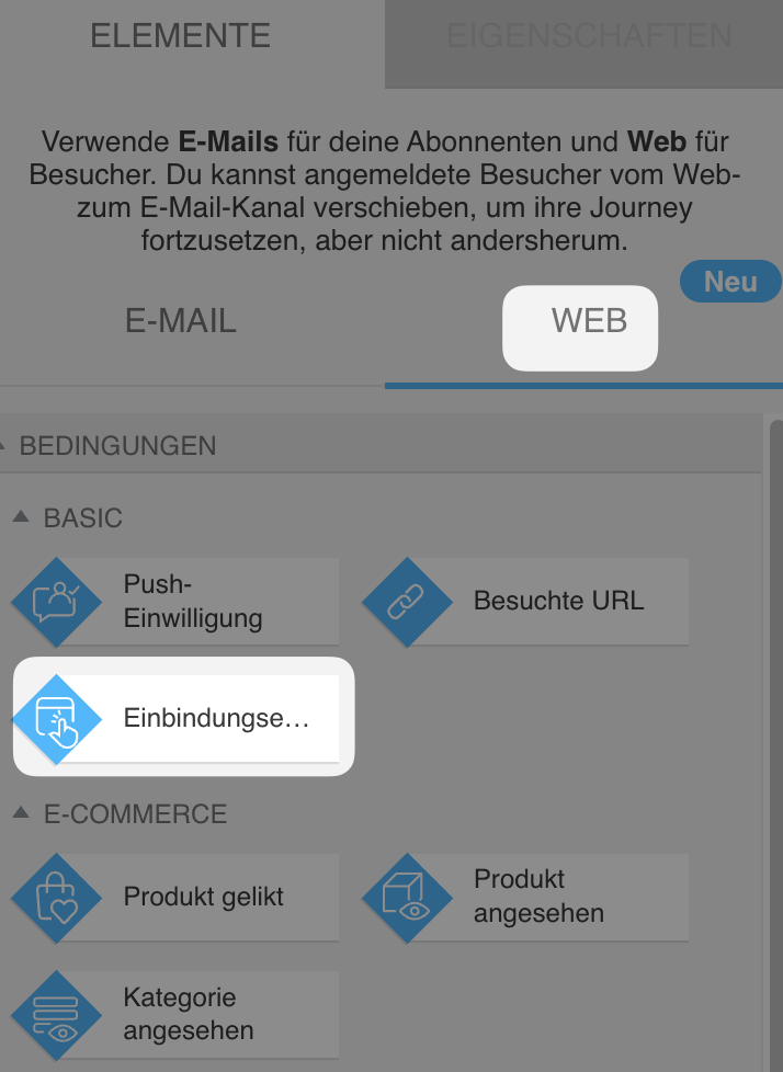Automatisierungsbereich des Web‑Kanals mit der Bedingung ‚Einbindungsereignisse‘, die unter den grundlegenden Web‑Bedingungen ausgewählt ist