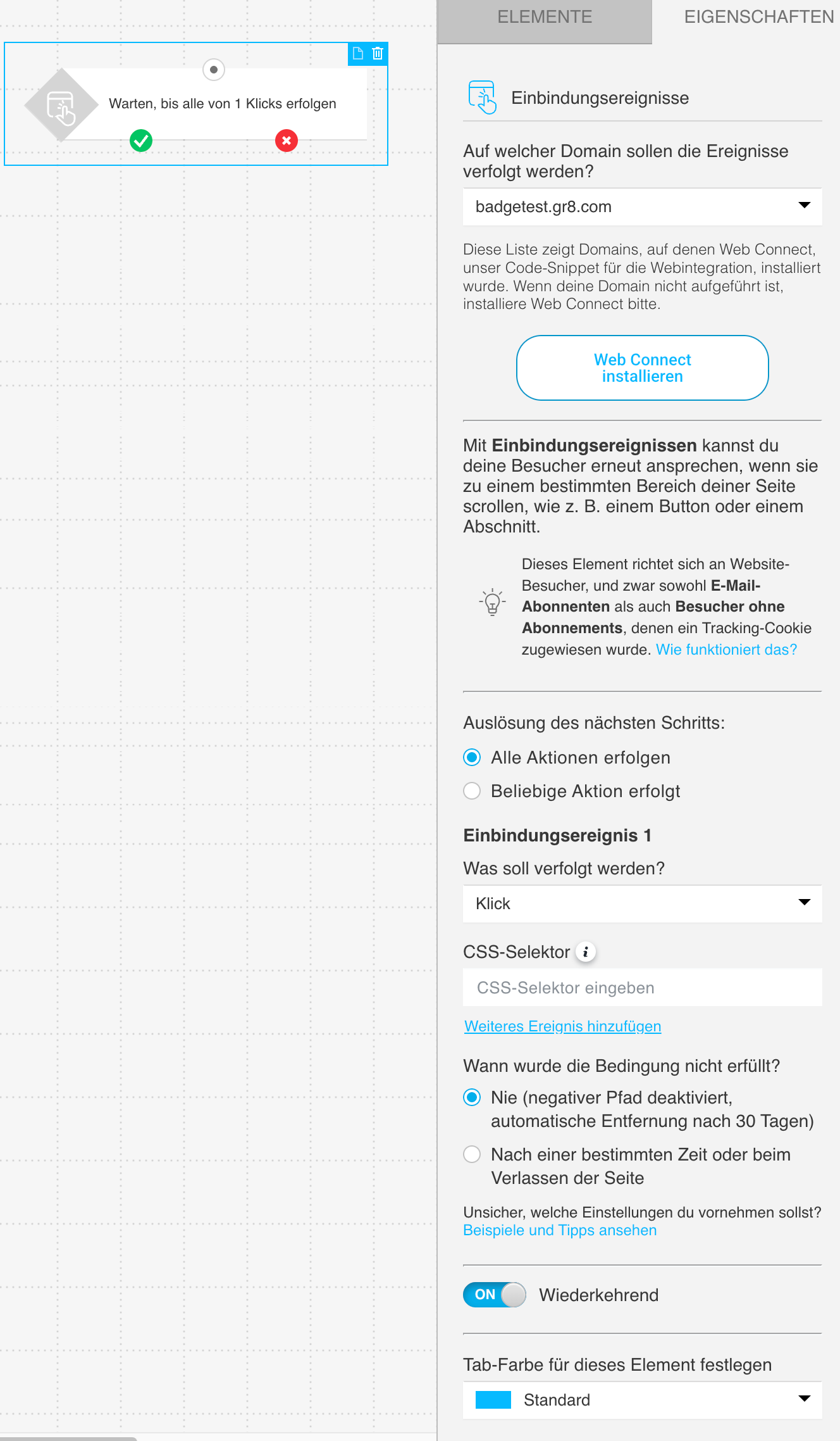 Einstellungen der Bedingung Einbindungsereignisse