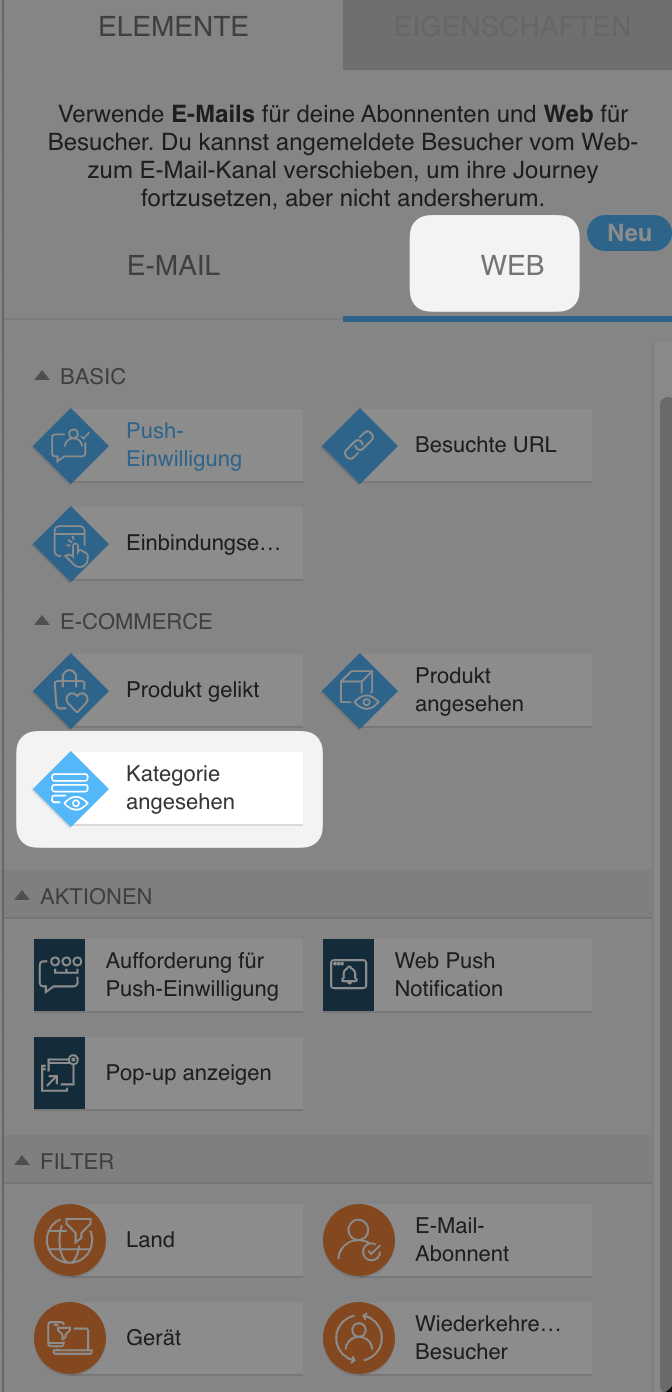 Automatisierungsbereich des Web‑Kanals mit ausgewählter Bedingung Kategorie angesehen unter den grundlegenden Web‑Bedingungen