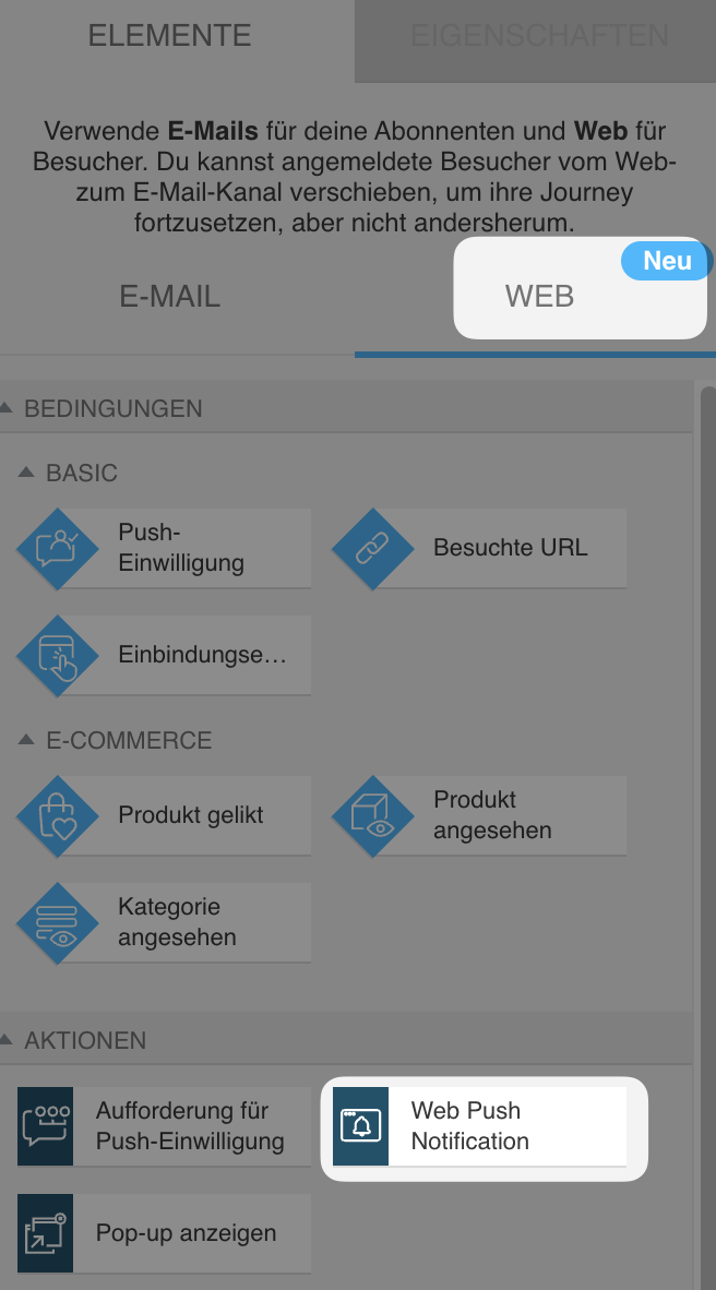 Automatisierungsbereich des Web‑Kanals mit der Aktion Web Push Notification, die unter den grundlegenden Web‑Aktionen ausgewählt ist