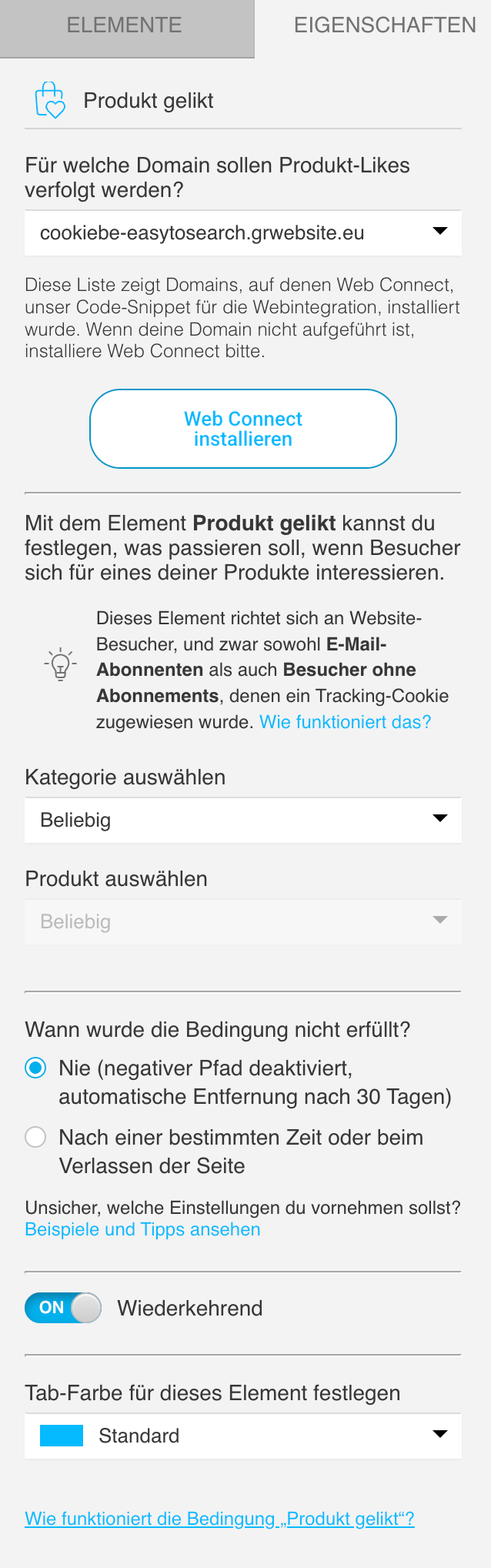 Eigenschaften der Bedingung Produkt gelikt