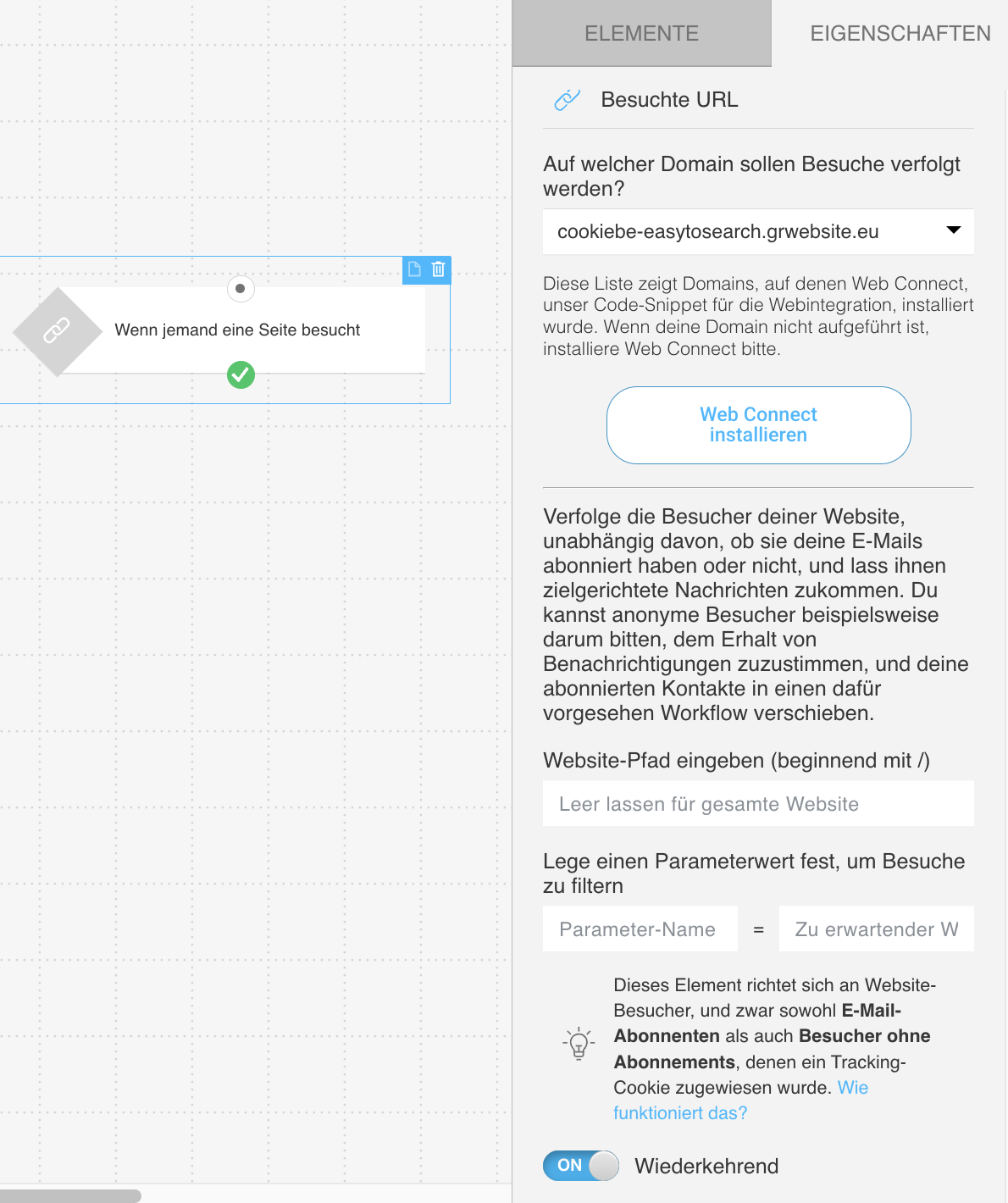 Einstellungen der Bedingung Besuchte URL