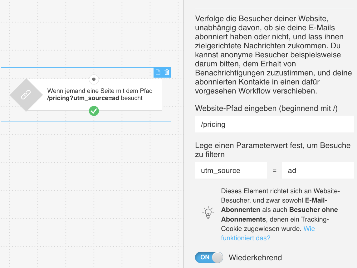 Einstellungen der Bedingung Besuchte URL – Seitenpfad und Parameterdefinition