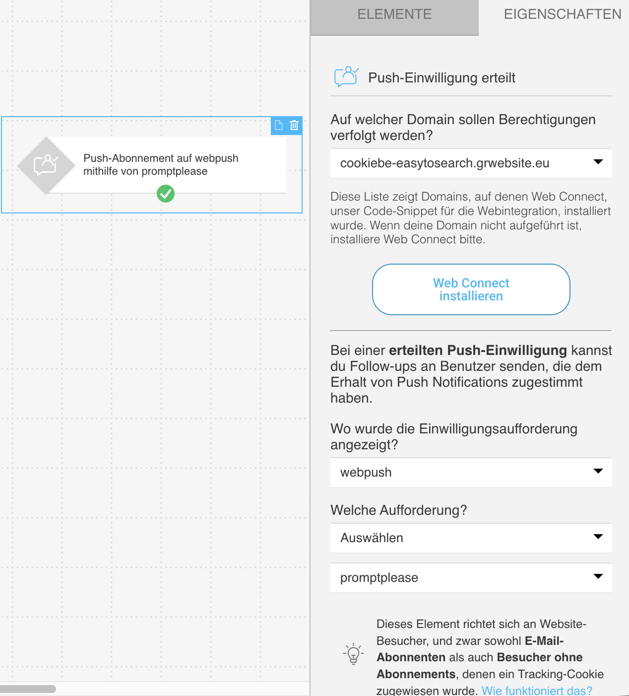 Einstellungen der Bedingung Push‑Einwilligung erteilt