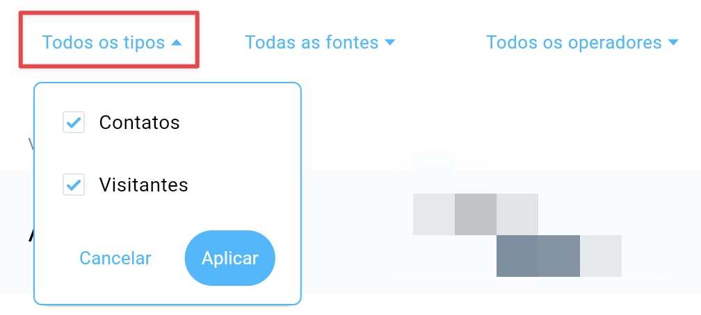 Todos os tipos de filtros e opções são exibidos