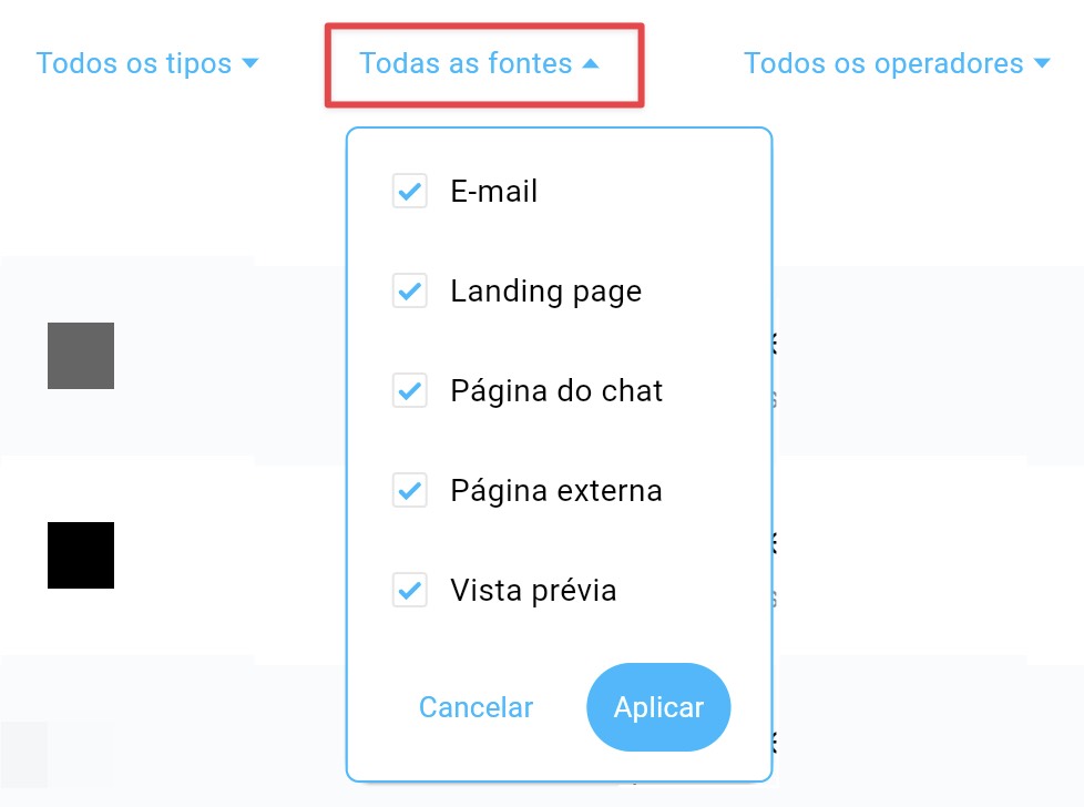 Todas as fontes de filtro e opções são exibidas