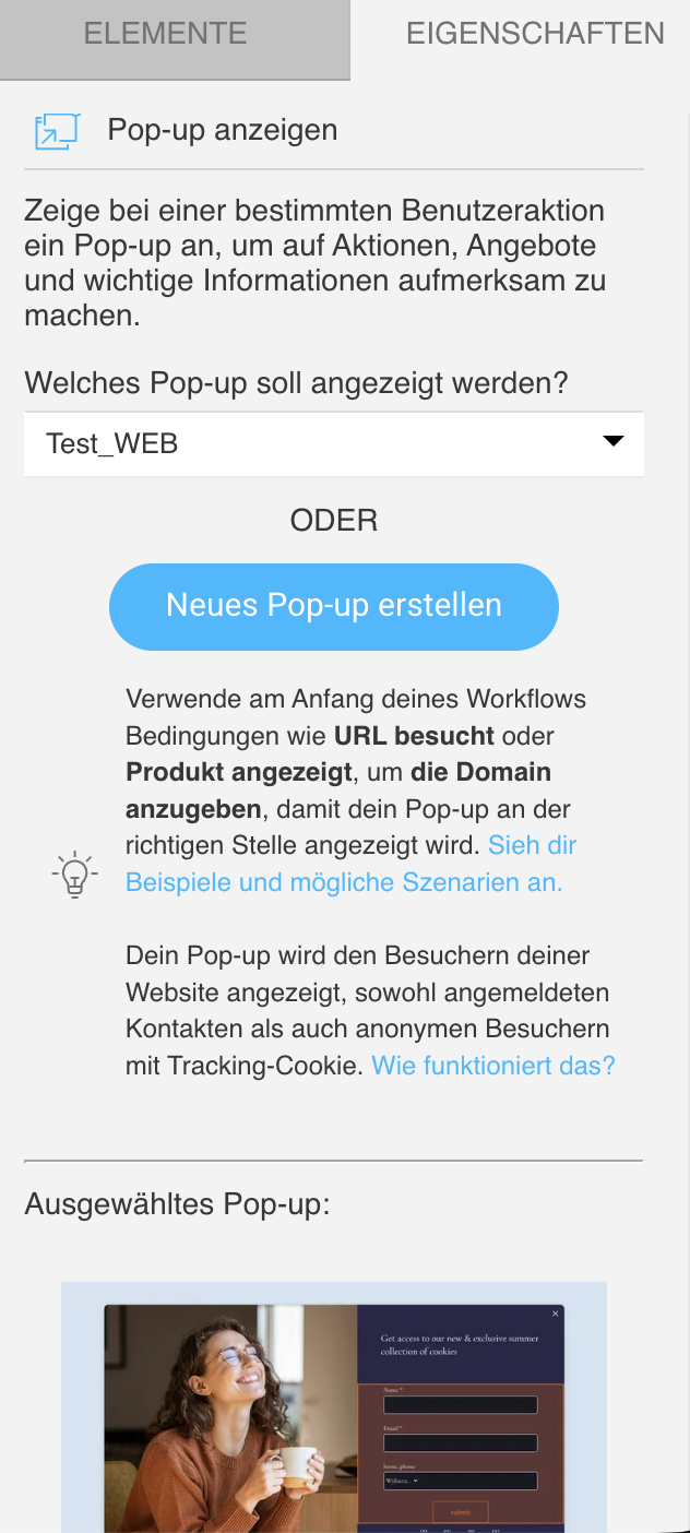 Einstellungen der Aktion Pop‑up anzeigen