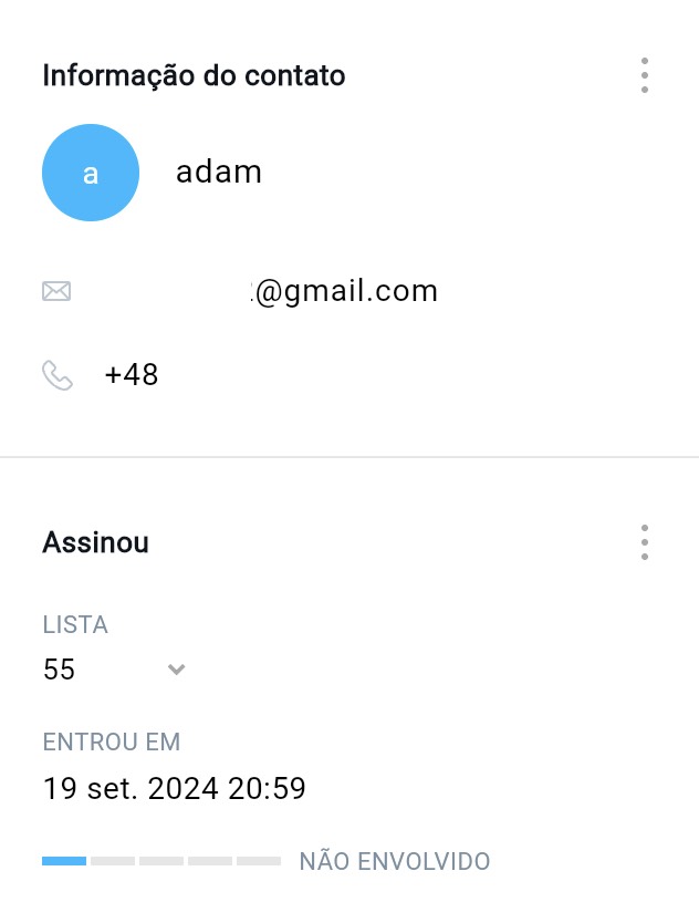 As informações de contato e as seções inscritas são exibidas