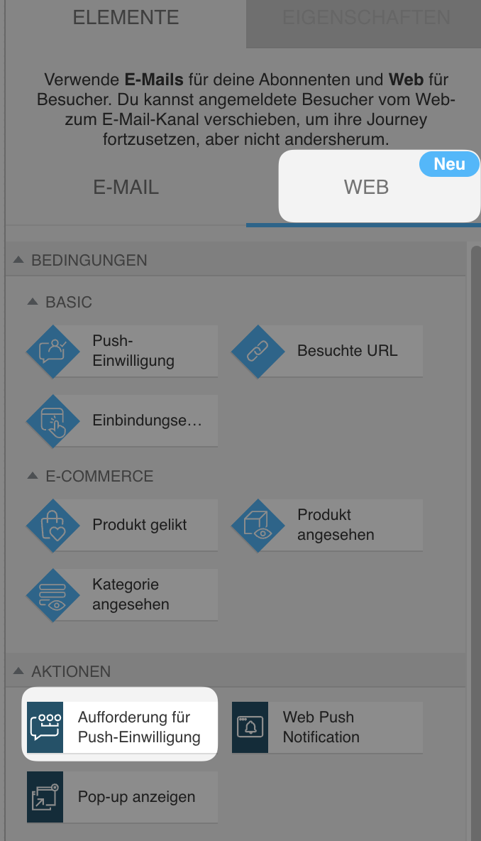 Automatisierungsbereich des Web‑Kanals mit der Aktion Aufforderung für Push‑Einwilligung, die unter den grundlegenden Web‑Aktionen ausgewählt ist.