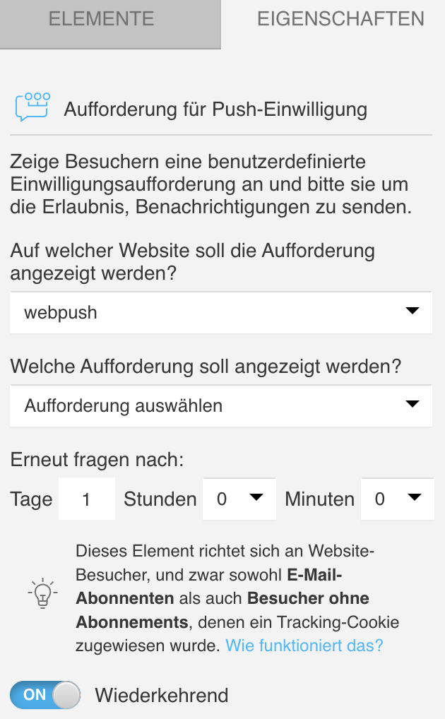 Einstellungen der Aktion Aufforderung für Push‑Einwilligung