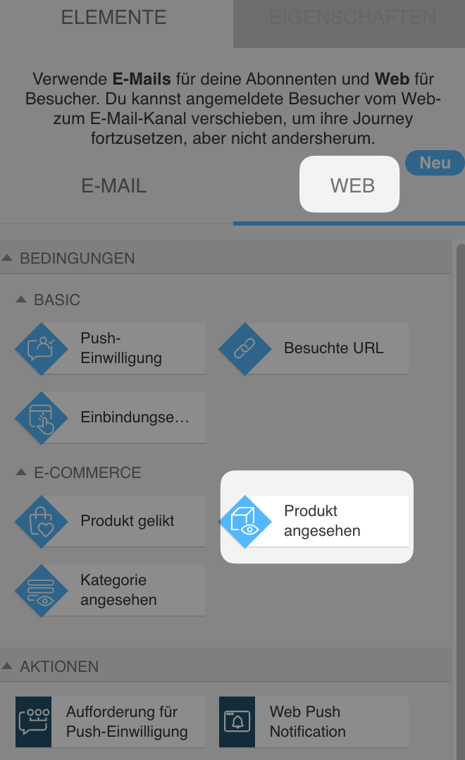 Automatisierungsbereich des Web‑Kanals mit der Bedingung Produkt angesehen, die unter den grundlegenden Web‑Bedingungen ausgewählt ist.