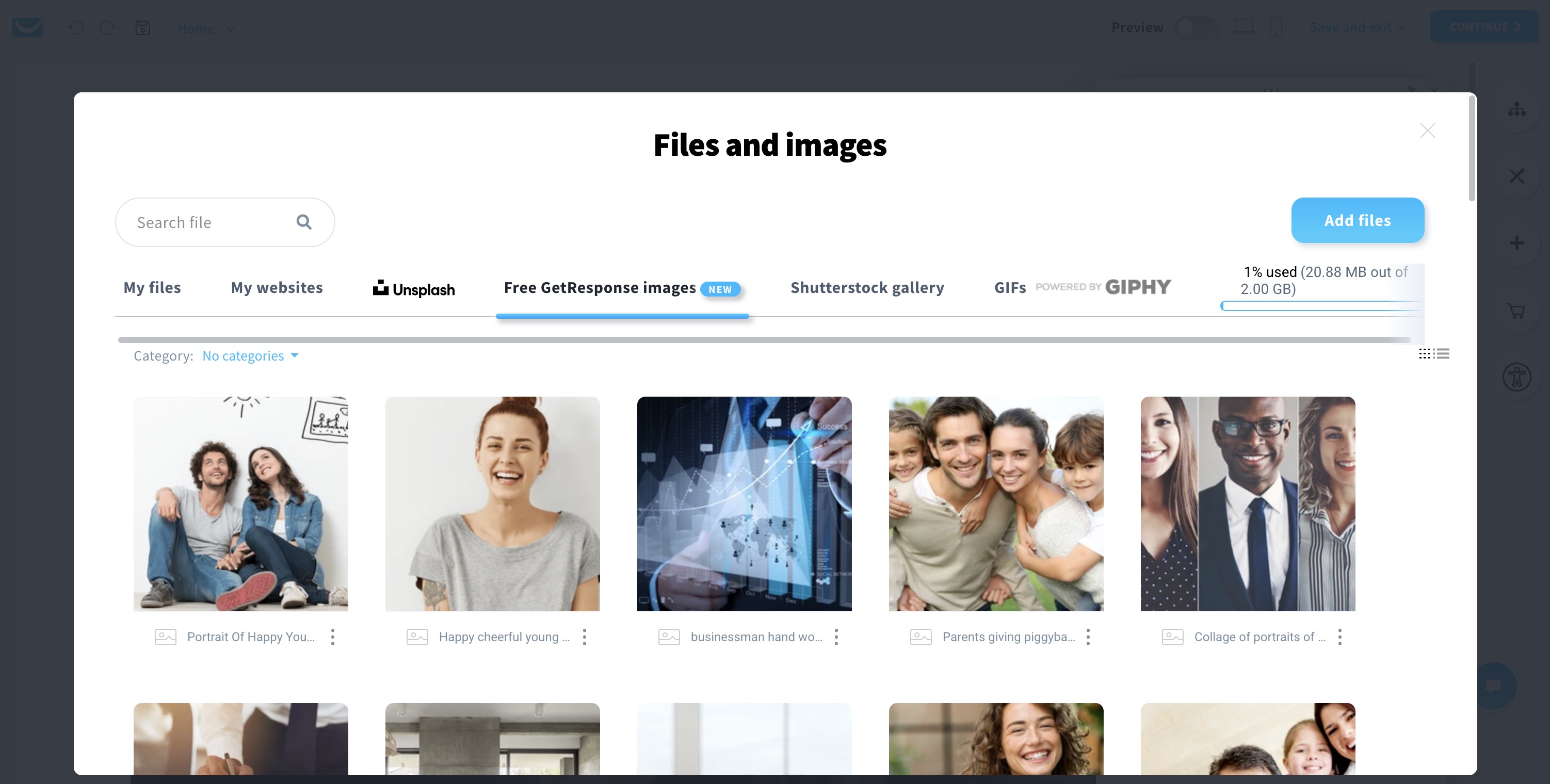 File and image selection screen in landing page editor.