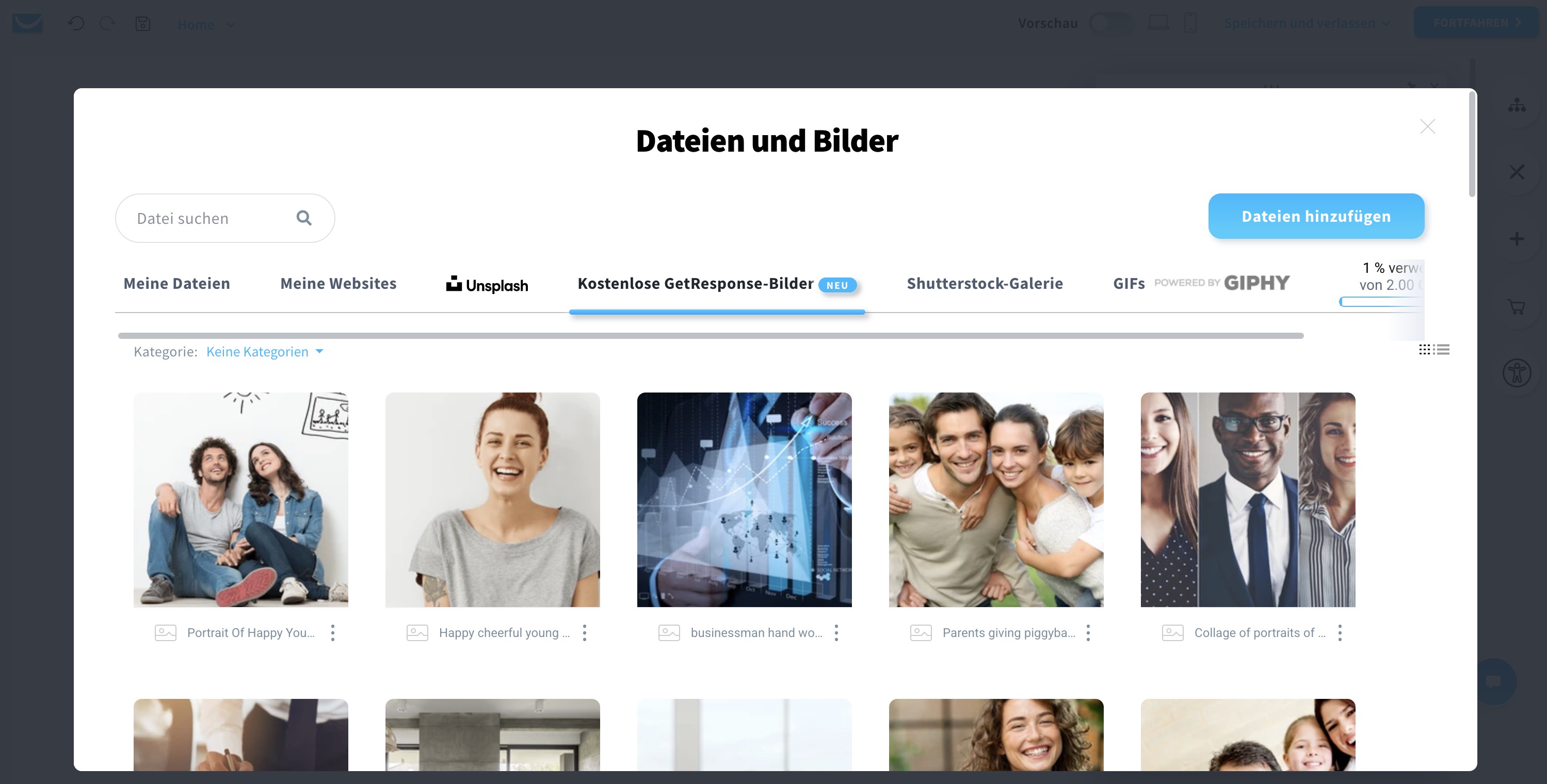 Datei- und Bildauswahlbildschirm im Landingpage-Editor