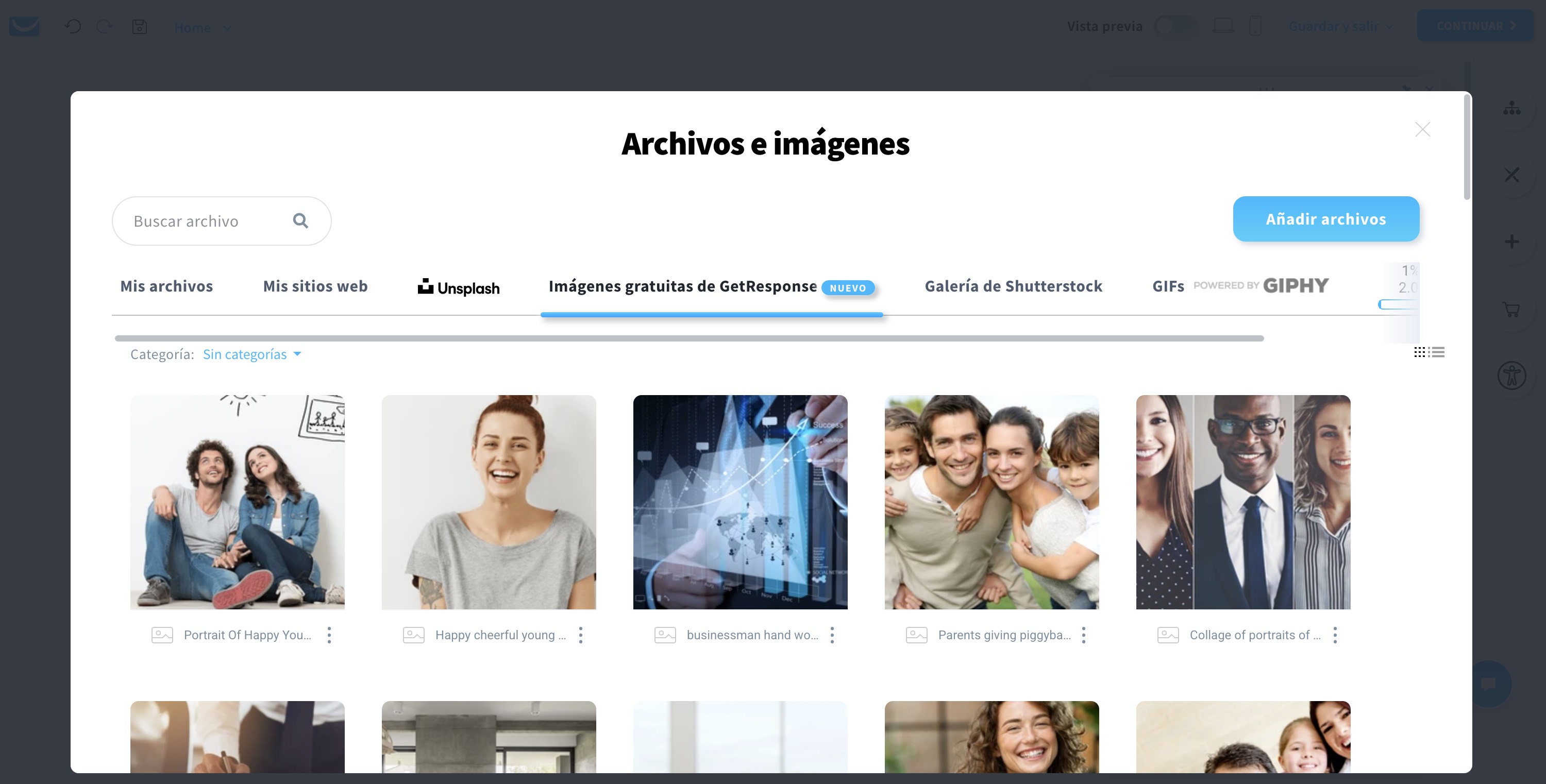 Pantalla de selección de archivos e imágenes en el editor de páginas de destino