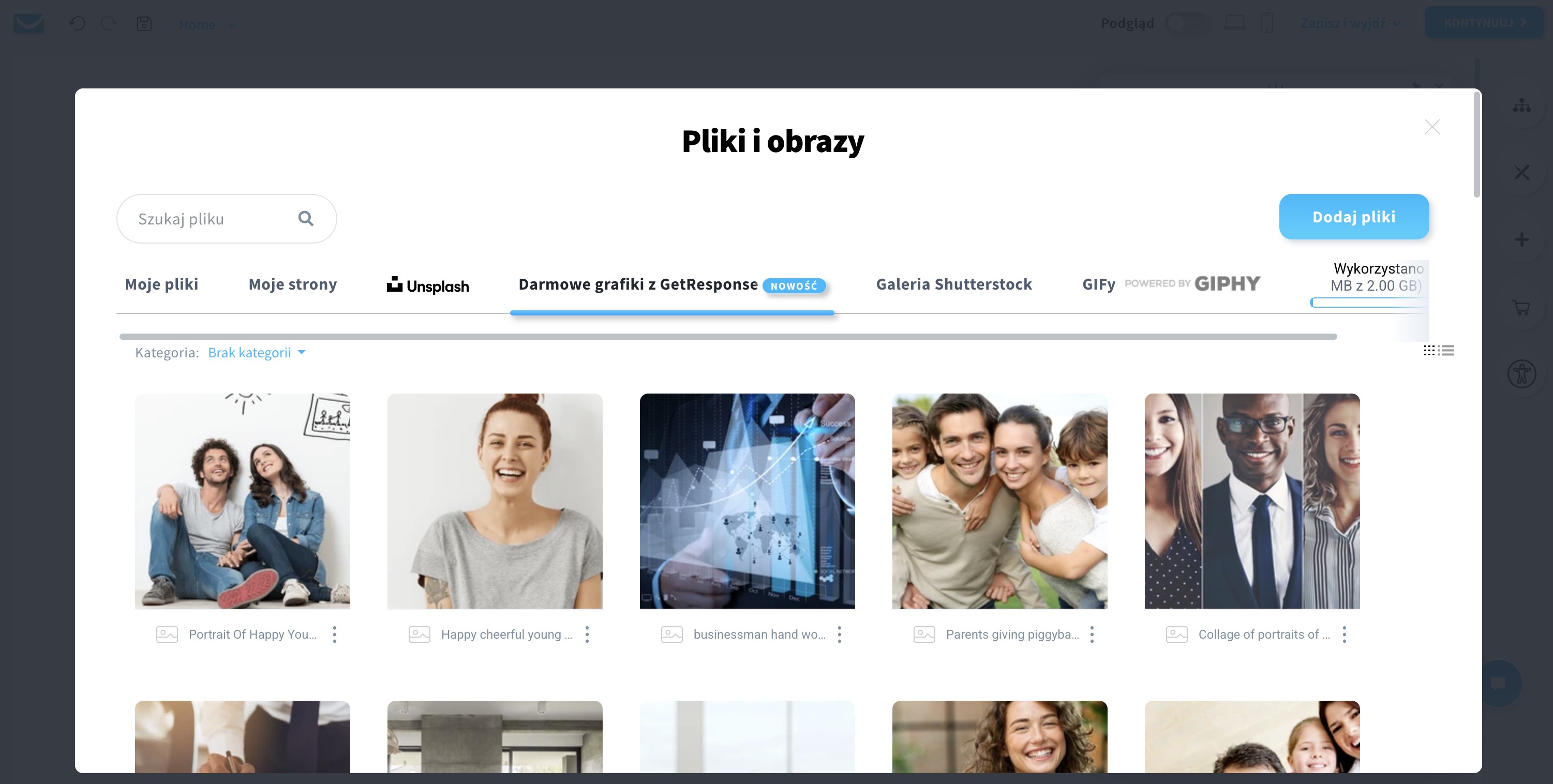 Ekran wyboru plików i obrazów w edytorze stron landing page.