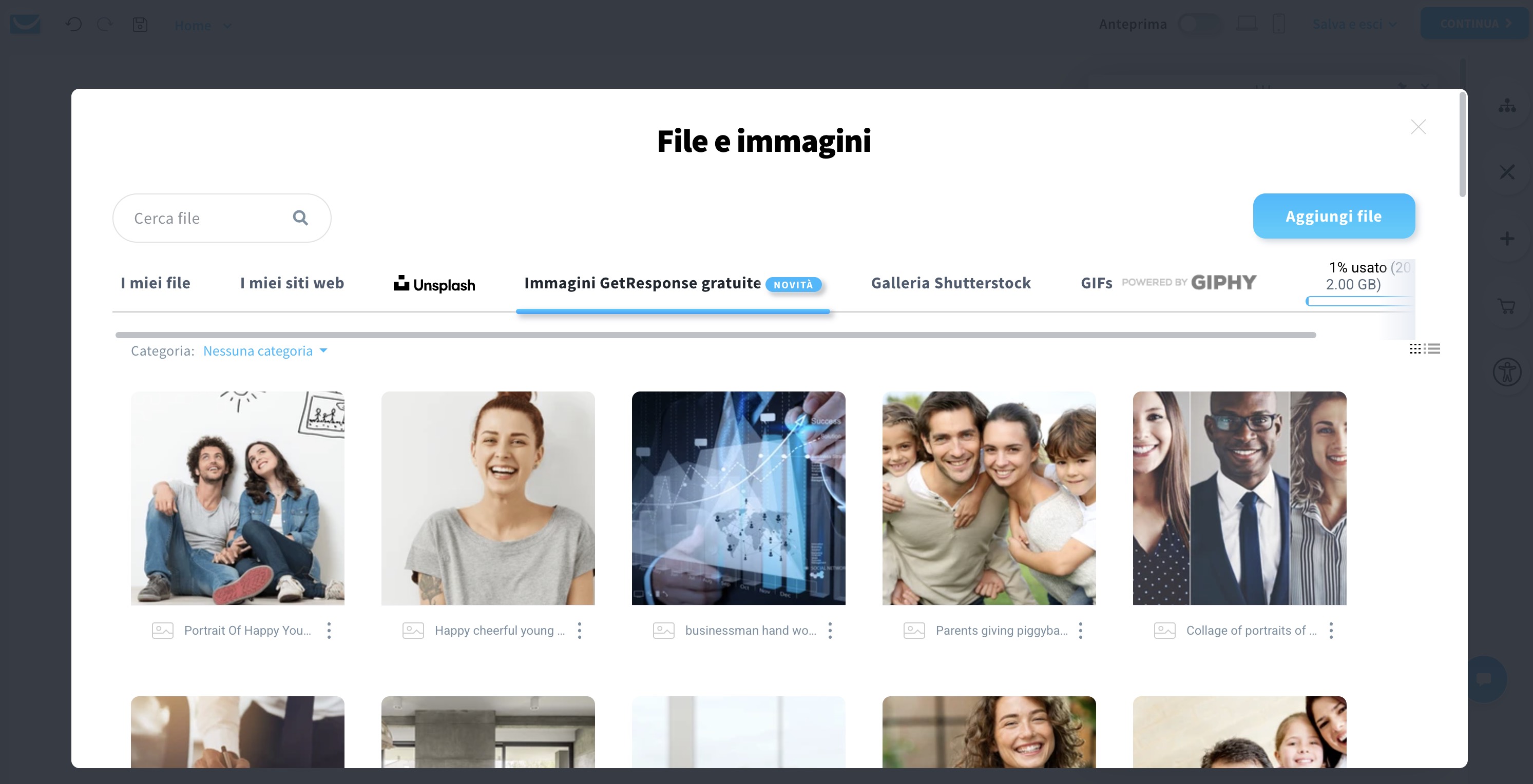 Schermata di selezione di file e immagini nell’editor di landing page