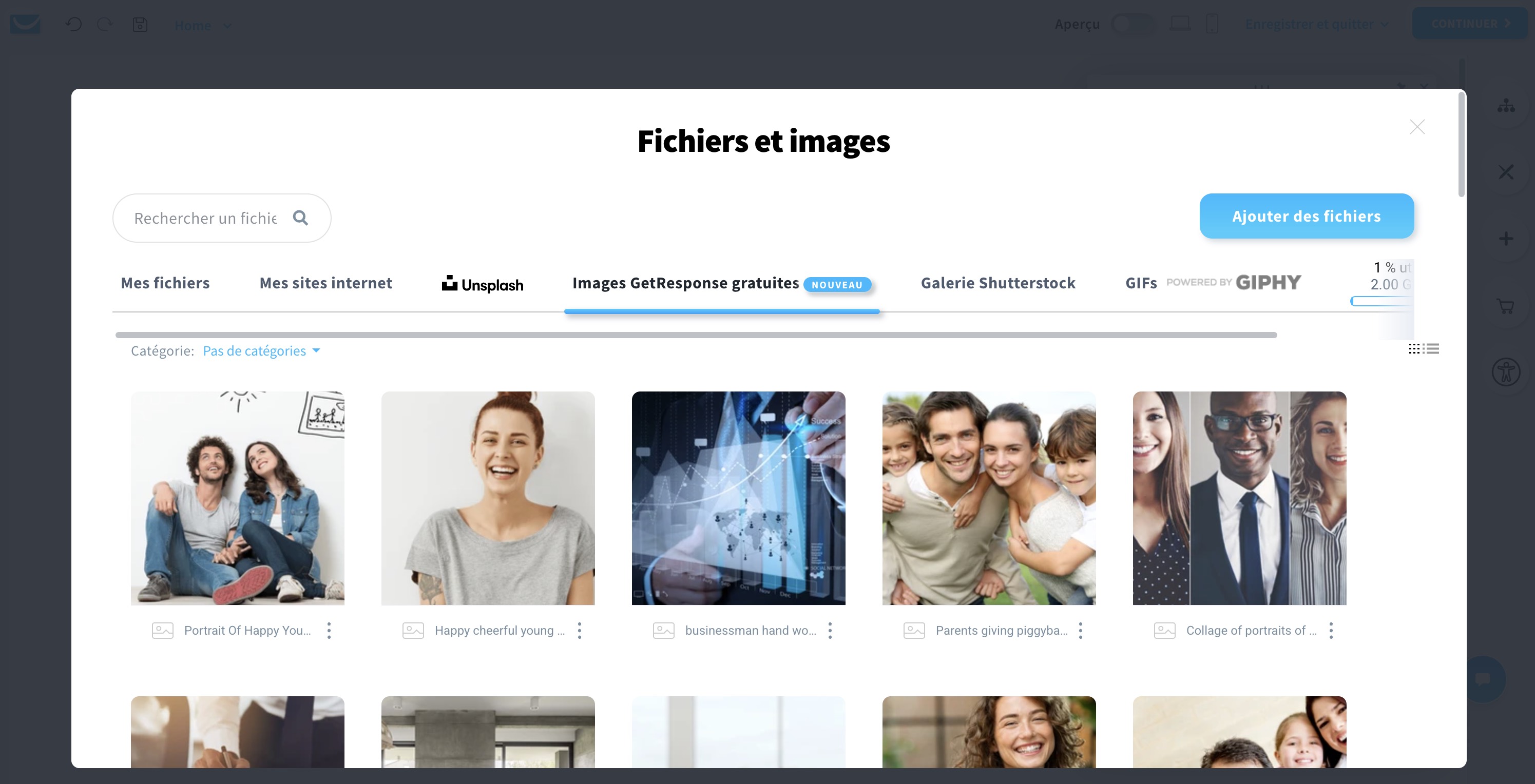 Écran de sélection de fichiers et d’images dans l’éditeur de pages de destination