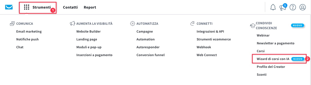 Strumenti > Percorso della procedura guidata per i corsi di IA