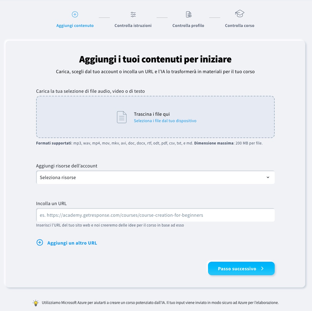 Panoramica della sezione Aggiungi contenuto nella procedura guidata per i corsi di intelligenza artificiale
